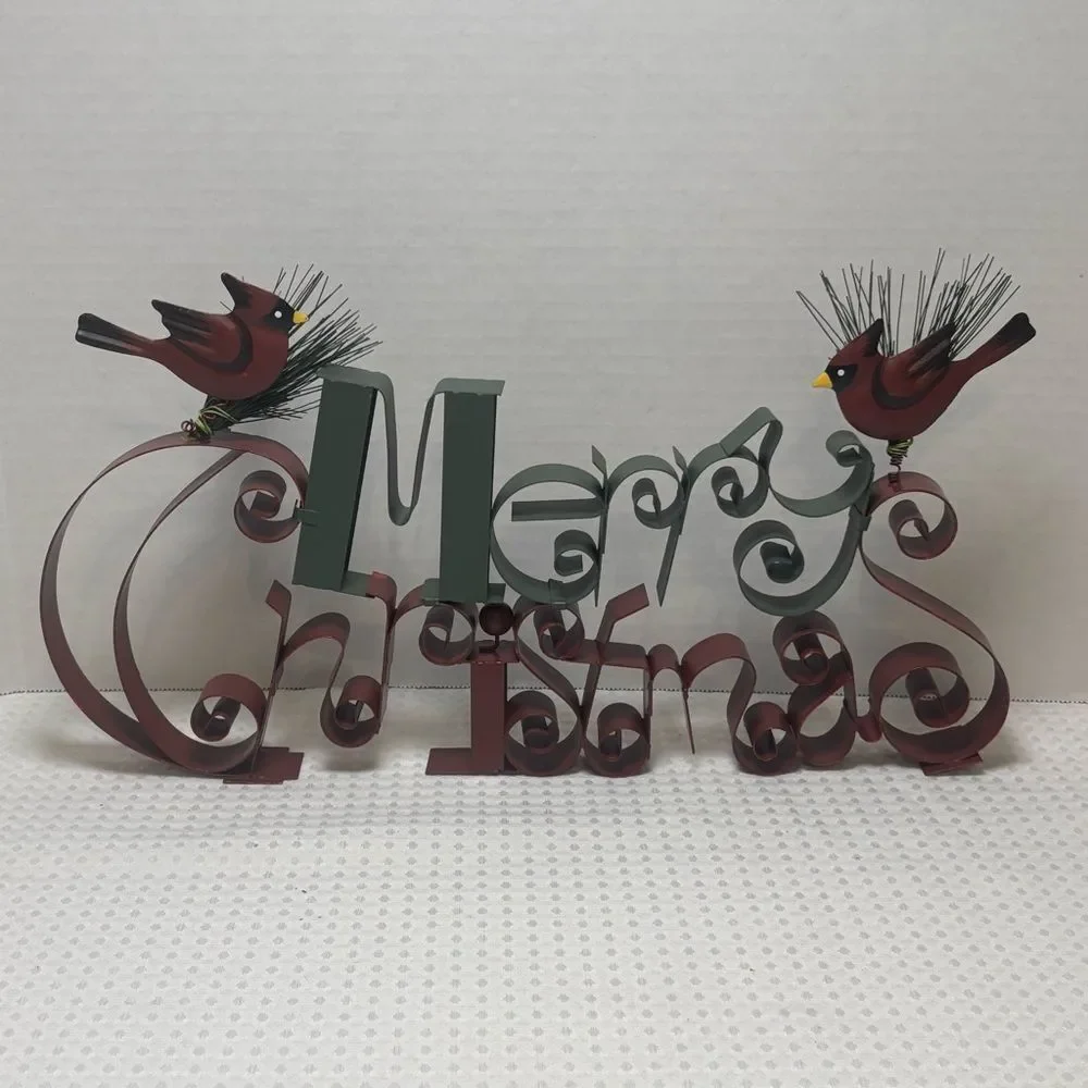 Vintage Homco Red Green Metal Merry Christmas Plaque Sign Cardinals
